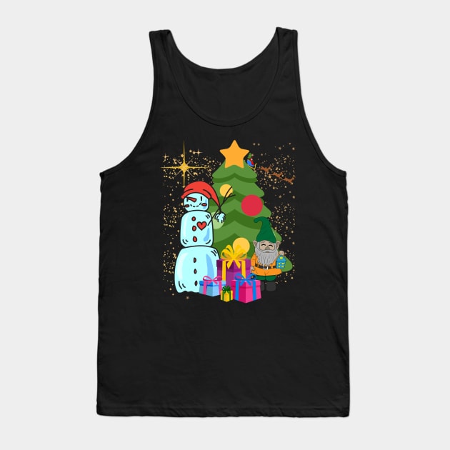 Snowman and Gnone near Christmasstree Waiting for Suprise Opening. Tank Top by MagicTrick